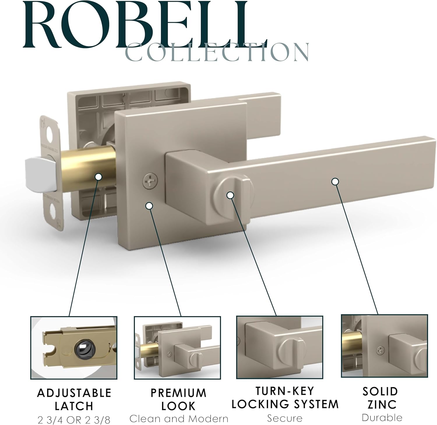 Mega Handles ROBELL Privacy Door Handle with Lock, Door Handles for Bedrooms & Bathroom, Modern Interior Door Levers with Handle Lock - Satin Nickel (1 Pack)