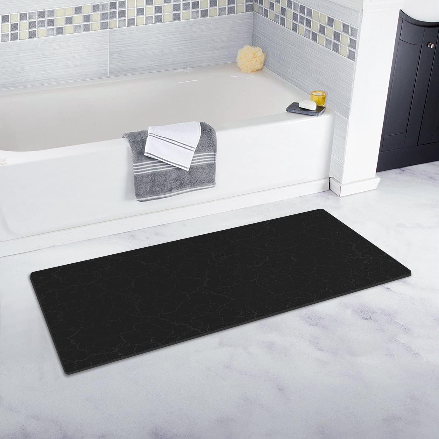 GOYLSER Flat Bathroom Rugs Fit Under Door, Non Slip Thin Bath Mat Rugs, Quick Dry Water Absorbent Door Mat, Machine Washable Low Profile Rubber Backed Carpet (Black), XL 42 * 22''