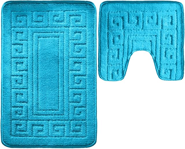 Vingardium Leviosa VL 2 Piece Greek Bath Mat Non Slip and Highly Absorbent Bath Mat 100% Polypropylene Washable Pedestal Bathroom Mat Rug (AQUA)