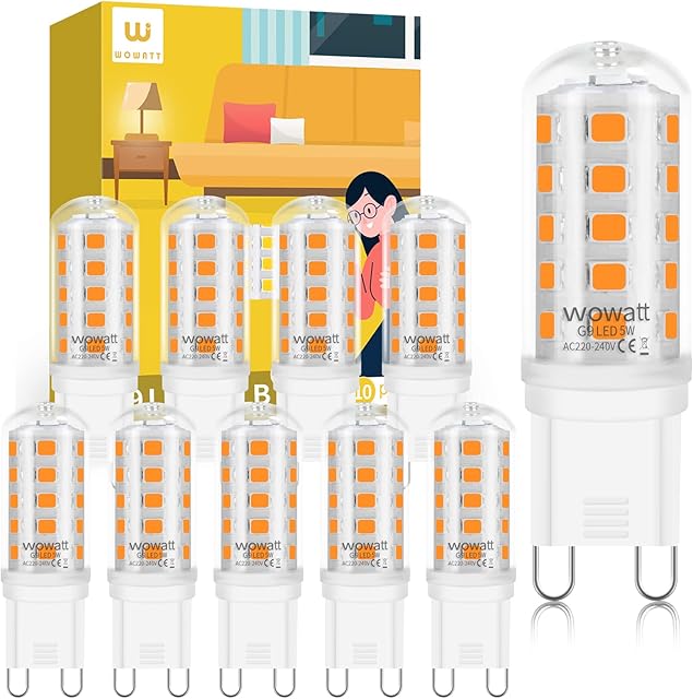 wowatt G9 LED Light Bulbs, 5W, Warm White 3000K, 400LM, Equivalent to 40W G9 Halogen Bulb, No Flicker, Non Dimmable, AC 220V-240V for Lighting Decor, Chandelier Home and More 10-Pack