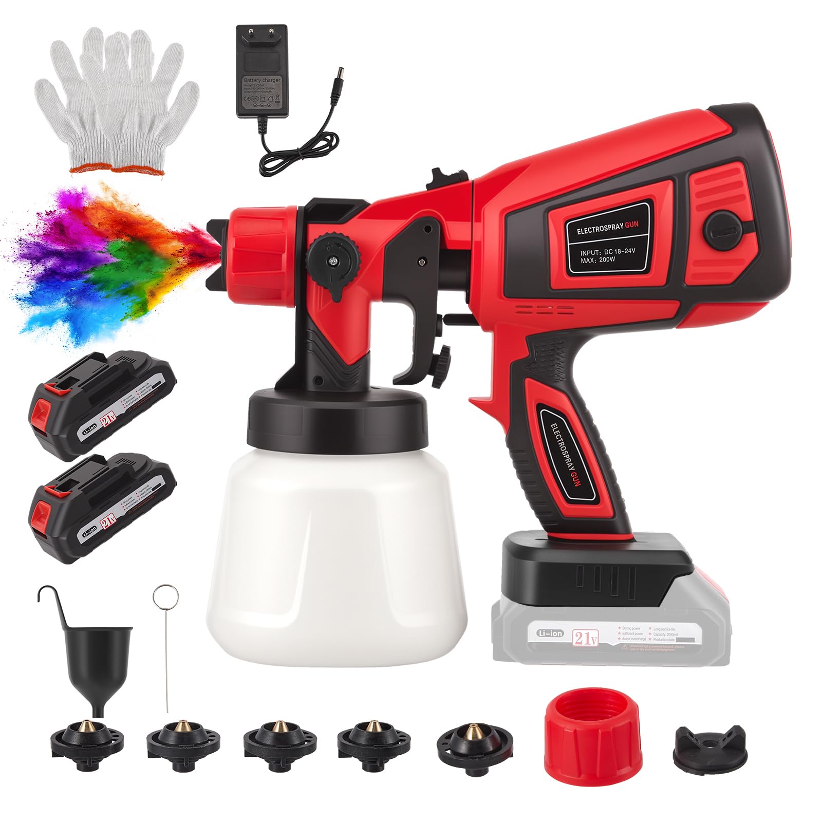 Pistola Pintura Batería 200W, 1000ml sin Cable,Pistola de Pintura Eléctrica con 5 Boquillas y 3 Modos para Paredes, Techos, Muebles, Vallas, Armarios, Uso Interior/Exterior, Incluye 2 Baterías