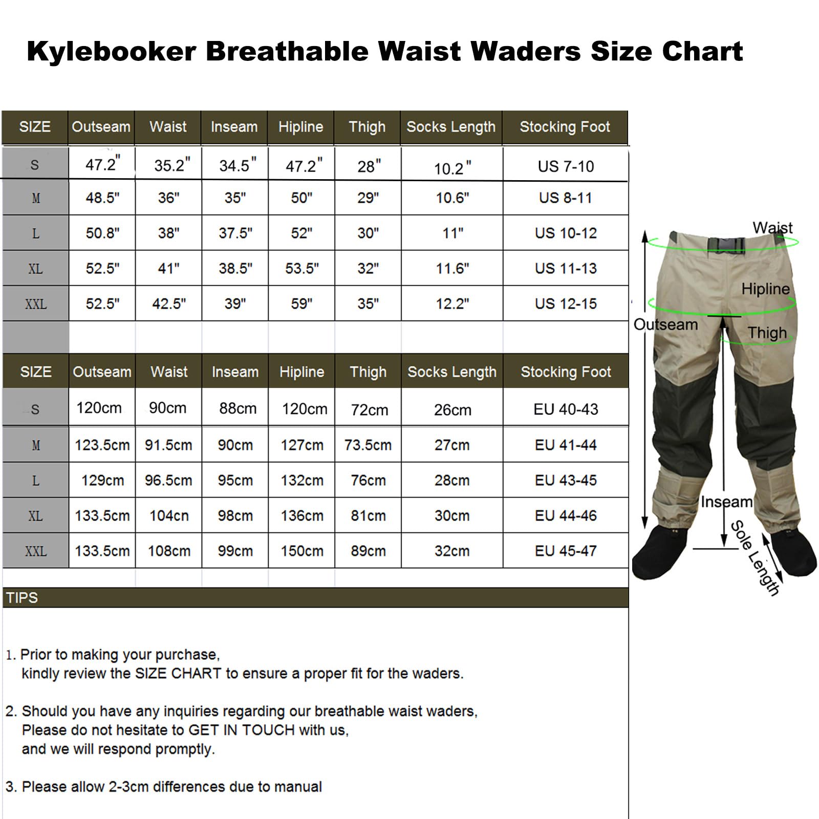 Kylebooker Pesca con Mosca Pantalones de Vadeador Rope de Pesca Cintura Impermeable Transpirable Waders con Calcetines KB003