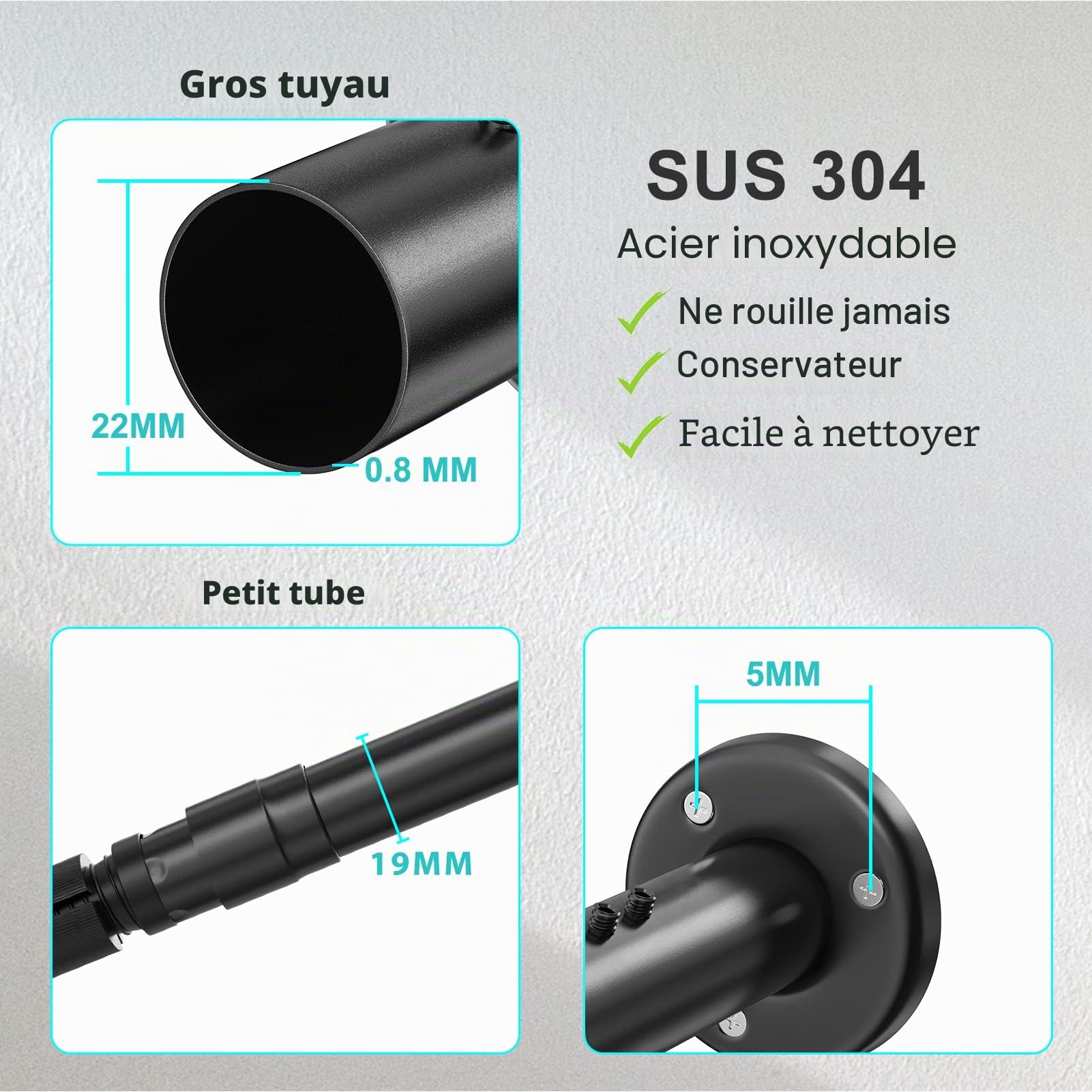 Tringle à rideau de douche Forme L Besoin de percer Tringles d'angle de rideau de douche en acier inoxydable 70-100 x 110-170 cm Coin de tringle de douche avec 24 pièces Anneaux de rideau de douche