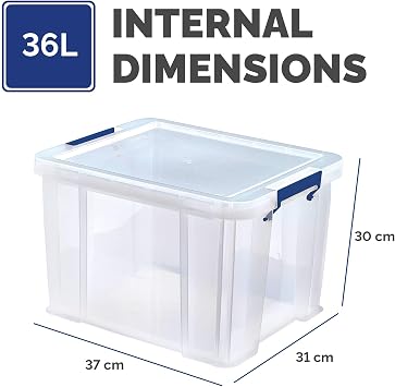 Bankers Box 4x 36L Plastic Storage Boxes with Lids. ProStore Super Strong Stackable Plastic Storage Boxes (31.5 x 47.5 x 38cm), Made in the UK, Clear