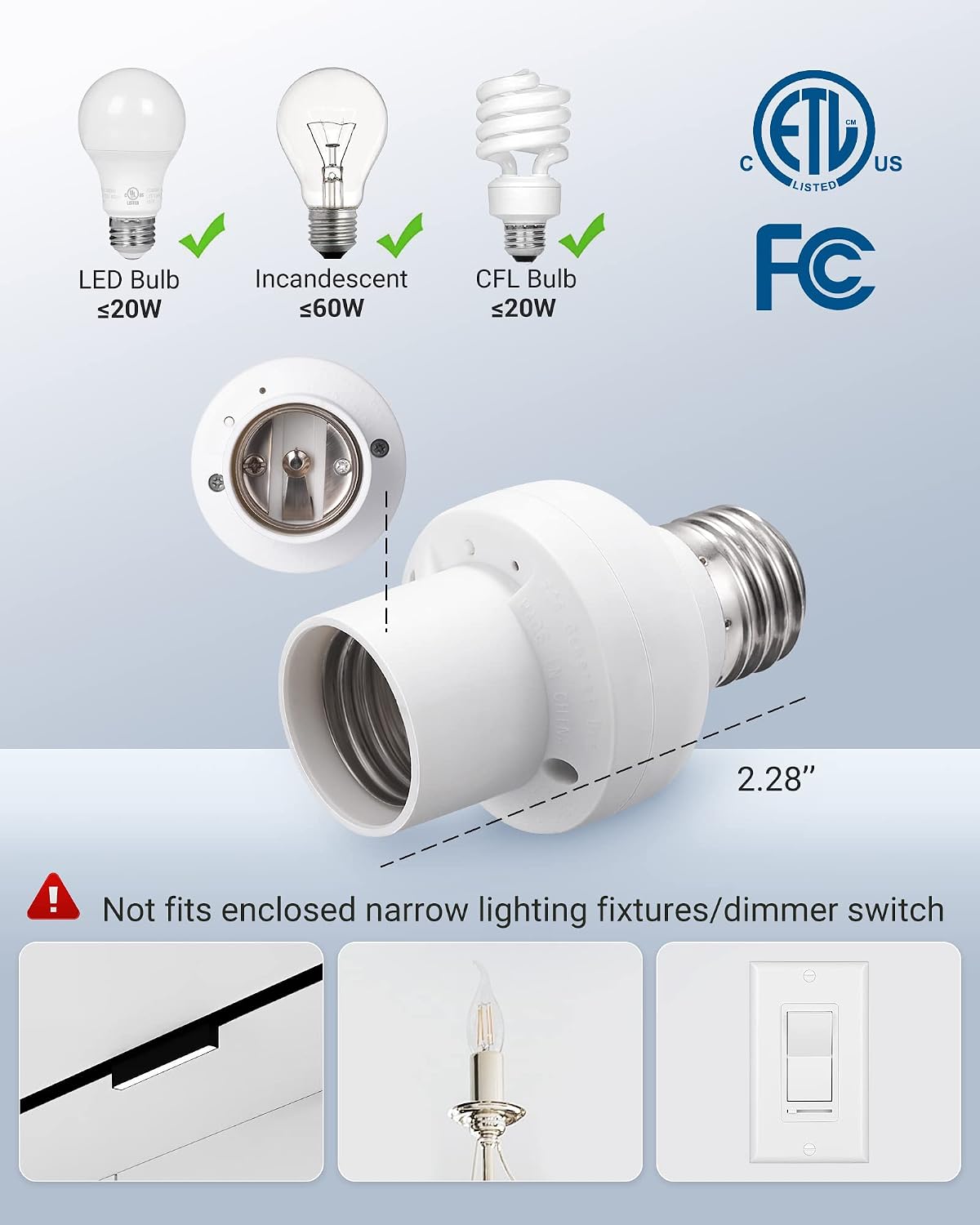 DEWENWILS Remote Control Light Bulb Socket, Wireless Light Switch for Pull Chain Light Fixture, Remote Light Socket E26 E27 Bulb Base, No Wiring, ETL Listed(1 Wall Mounted Switch+2 Socket)