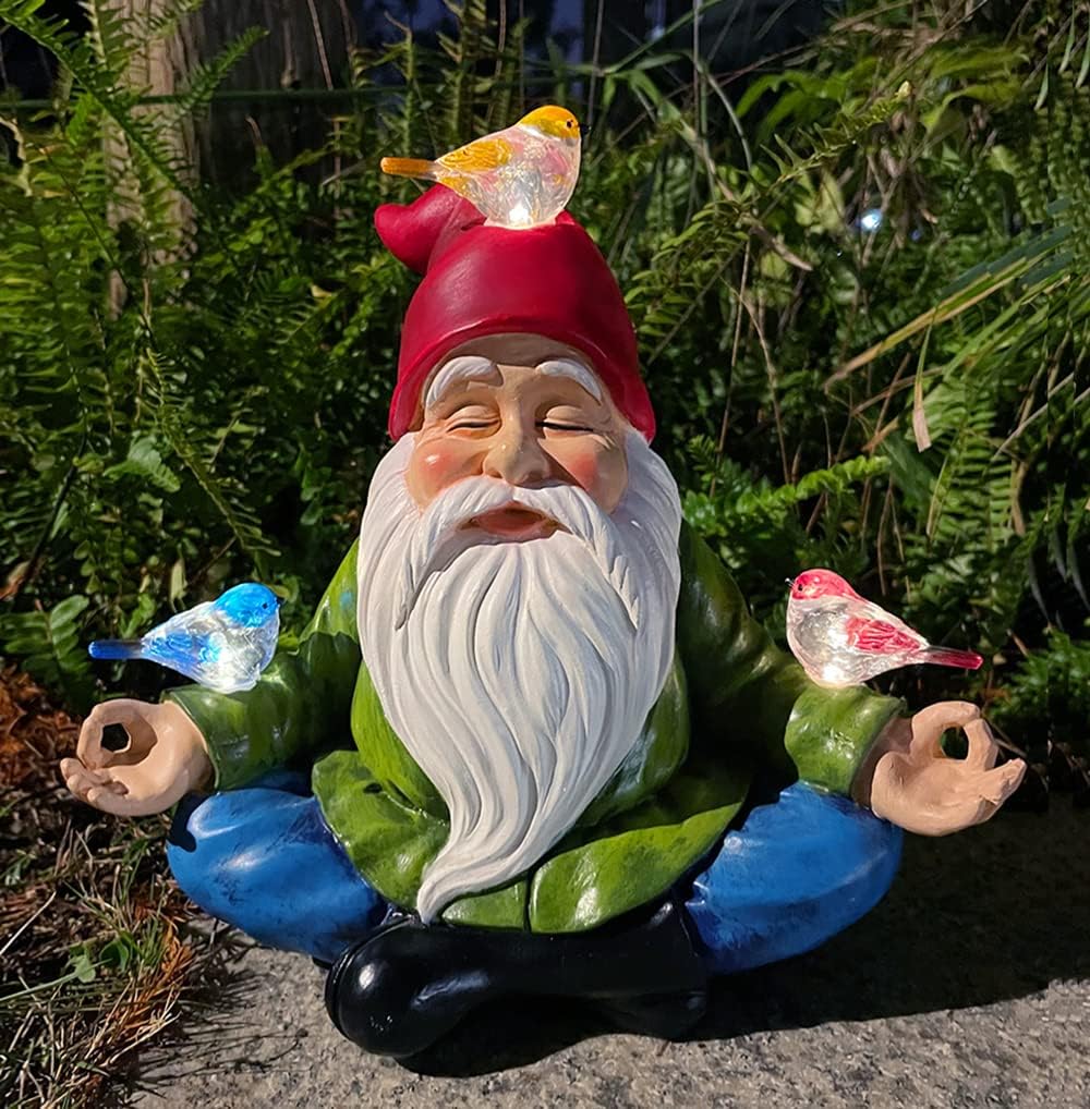 Solar Powered Gnome with Red Hat and 3 Birds, Resin Garden Ornament with LED Light, Lawn Figurine Outdoor Decoration Statue (Gnome with 3 Birds)