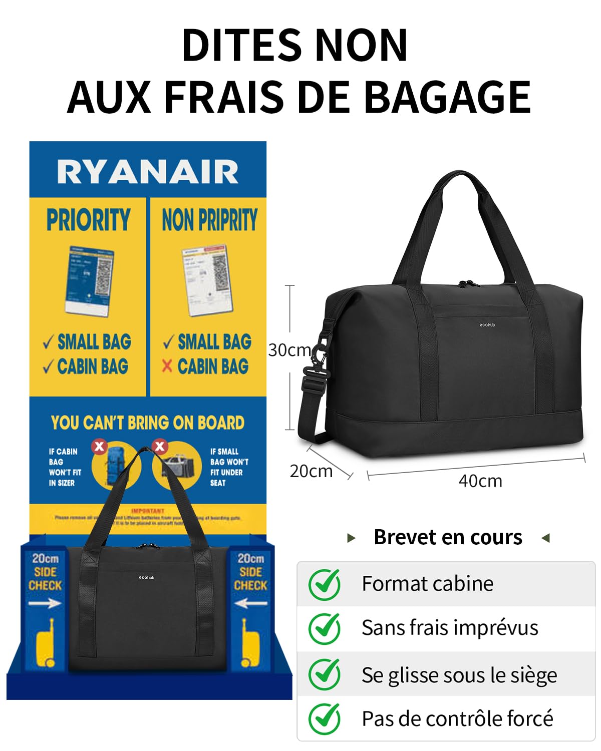 ECOHUB Sac de Voyage 40x30x20 Ryanair, Pliable Bagage Cabine, Léger Sac à Main, Weekend avec Pochette Humide Amovible pour Homme Femme, Sac Cabine Avion Imperméable Bagage a Main 20L (Noir)