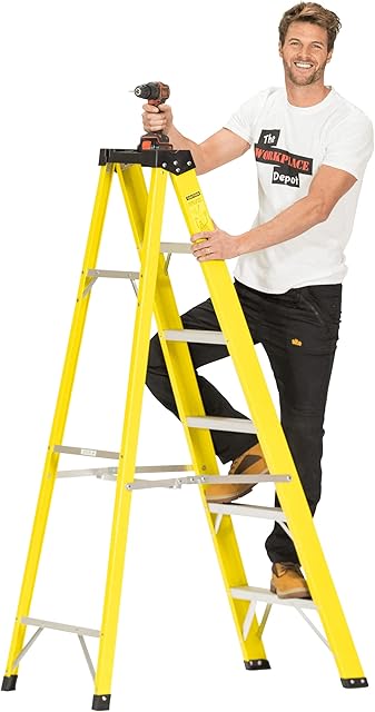 The Workplace Depot 6 Tread Large Fibreglass Step Ladder, Heavy Duty EN131, Weather Proof Stepladder for Painting, Decorating & Electricians, Yellow