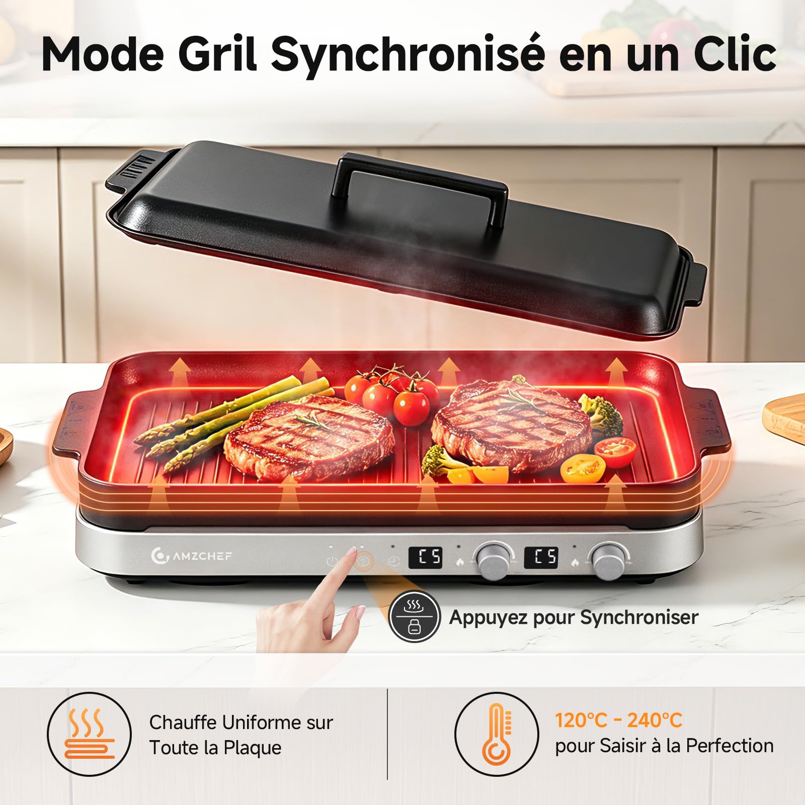 AMZCHEF 3000W Plaque à Induction 2 Feux, Plaque Induction Double Portable avec Plaque de Gril Amovible, 9 Niveaux de Puissance/Température, pour BBQ d'intérieur et Camping-car, Gris Fer