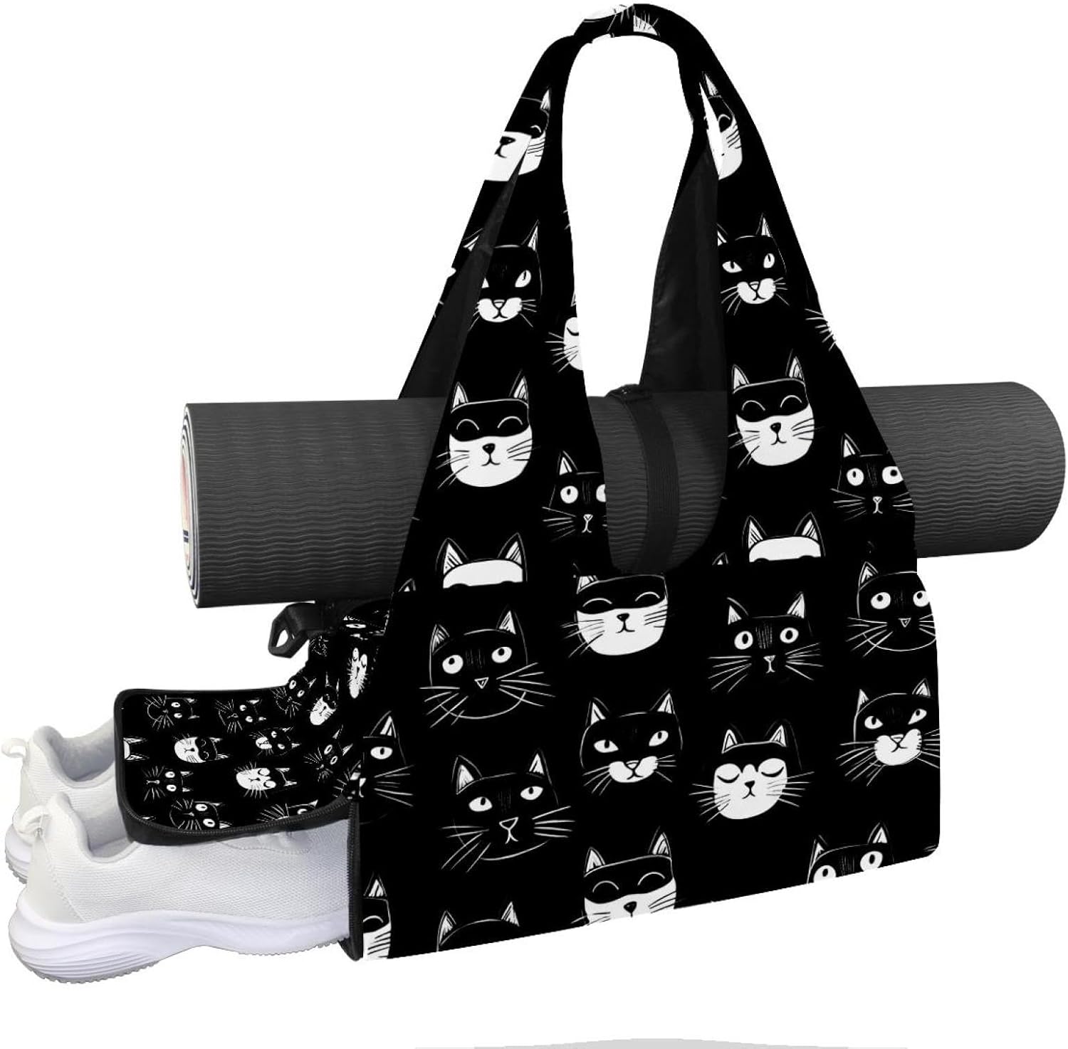 Yoga Mat Bag, Gym Workout Bag with Shoe Compartment, Black Cats Hearts Pilates Bag for Women, Quick Access Storage Yoga Tote Bag for Sports Travel Office