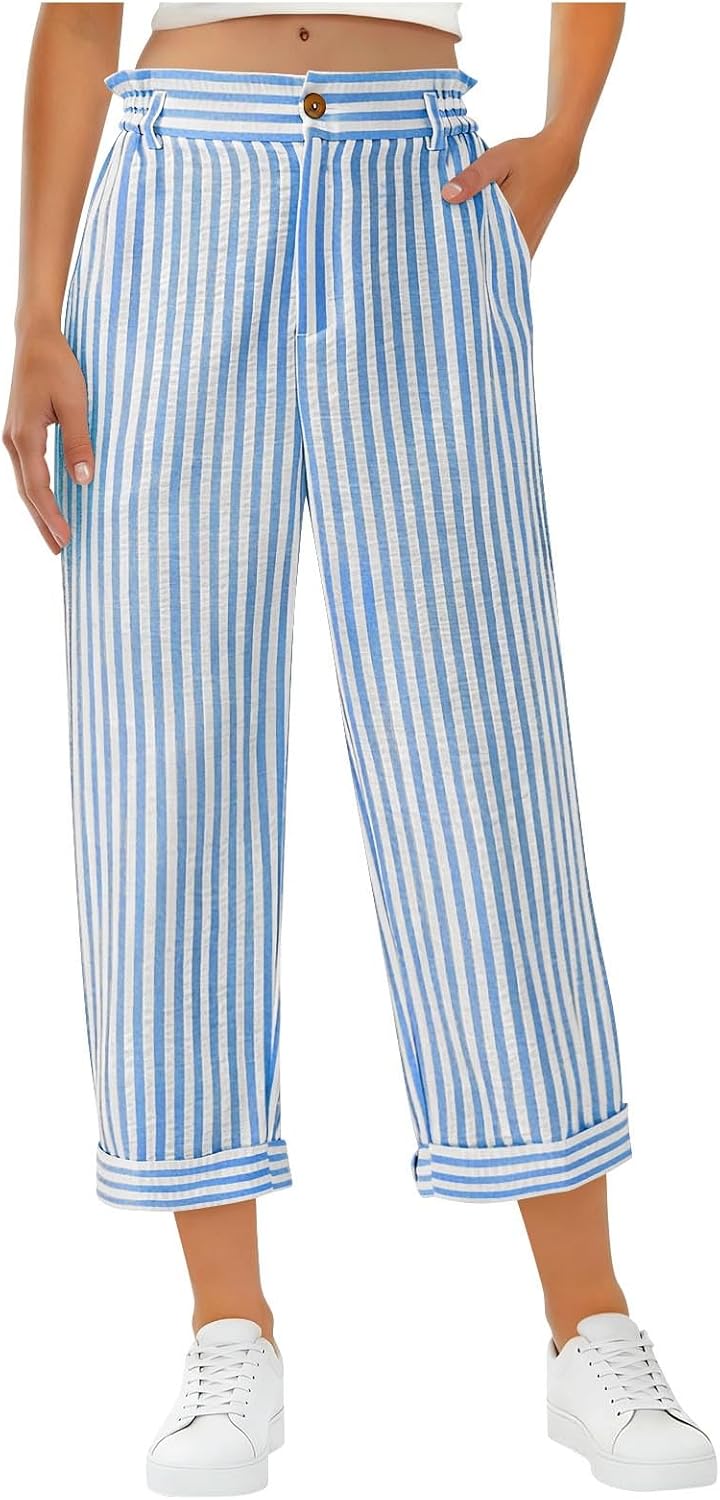 Womens Palazzo Pants Casual Striped Flowy Pants Wide Leg Summer Beach Vacation Cropped Trousers with Pockets