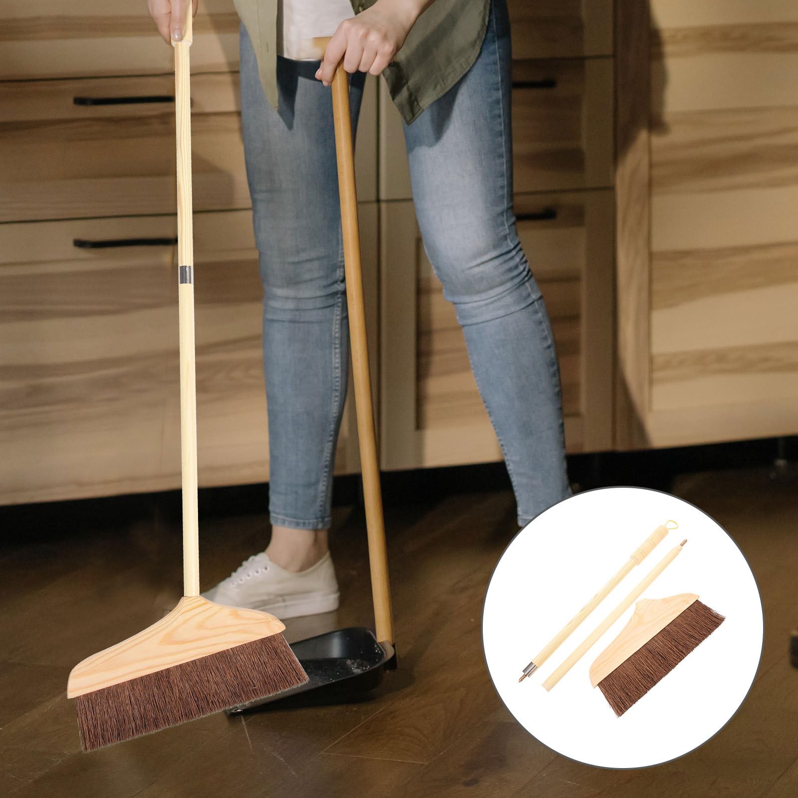 INOOMP Scopa Domestica in Legno Massello Manico e Setole Morbide, Scopa Stabile per Pulizia Pavimenti Casa e Ufficio, Adatta a Legno, Piastrelle e Cemento, Rimozione Peli e Polvere