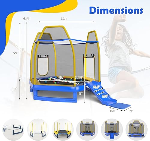 Miniatura 7 de GYMAX Trampolín para niños, cama elástica de 7 pies aprobada por ASTM con tobogán, escalera, pelotas y tapetes oceánicos, trampolín recreativo