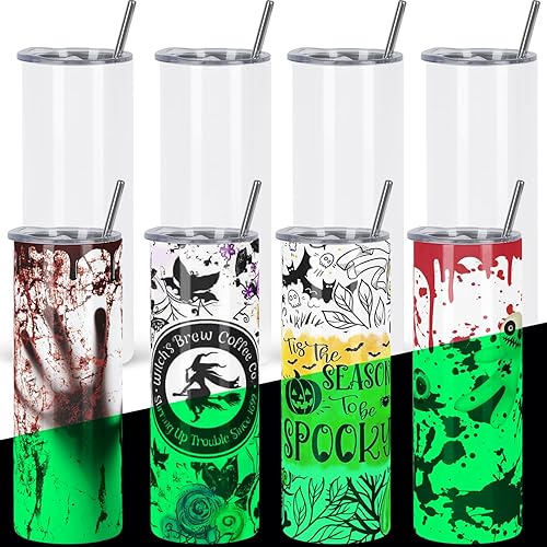 8 Pack Glow in the Dark Sublimation Tumblers 20 Oz Skinny Straight, Sublimation Blanks Tumbler Bulk Glow in the Dark, with Shrink Wrap Film Lid Straw Set, Individually Boxed