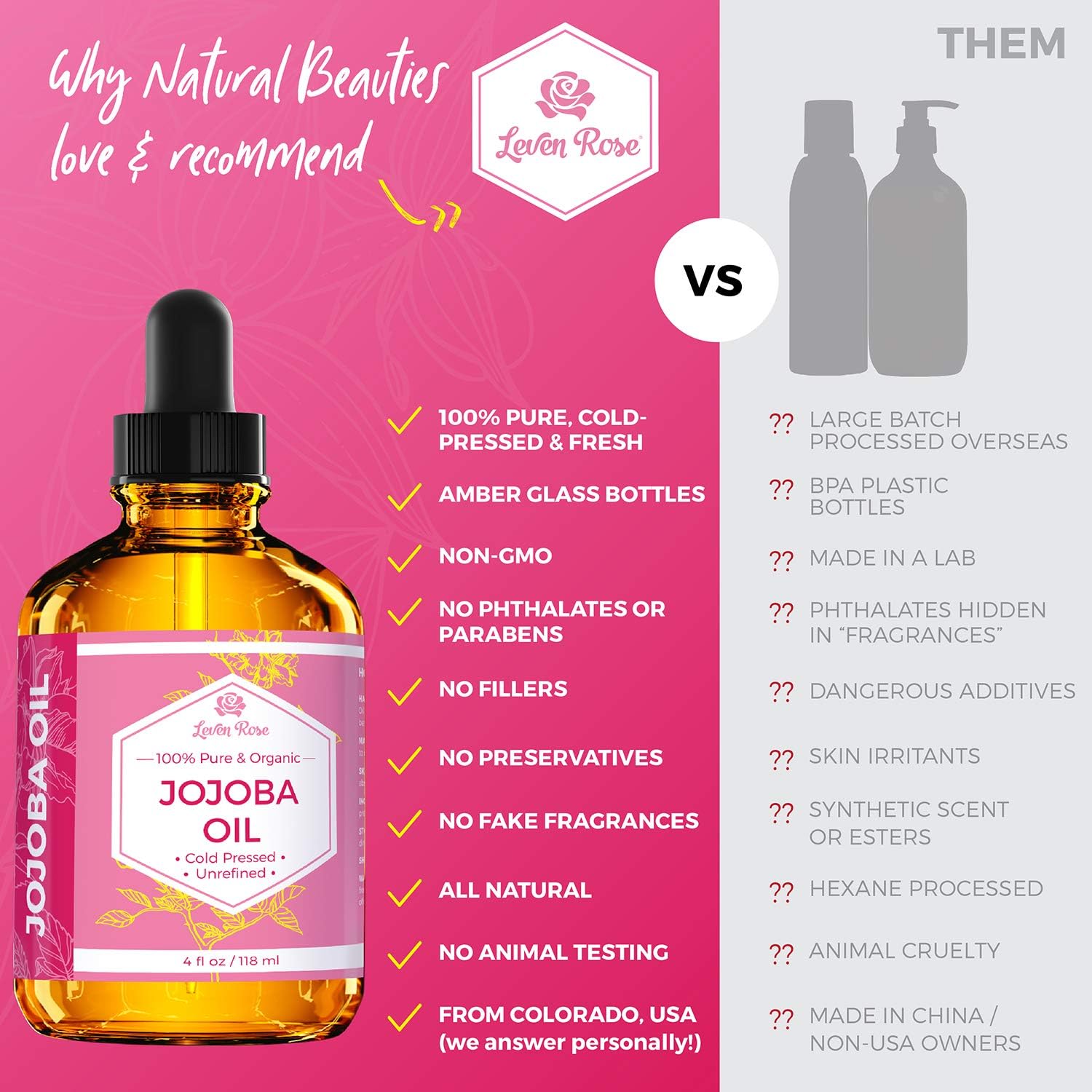 Jojoba Oil + Rose Water for Face Facial Toner Bundle by Leven Rose - Jojoba Moisturizer for Skin Hair Body and Nails 4 oz & Pure Moroccan Rosewater 4 oz