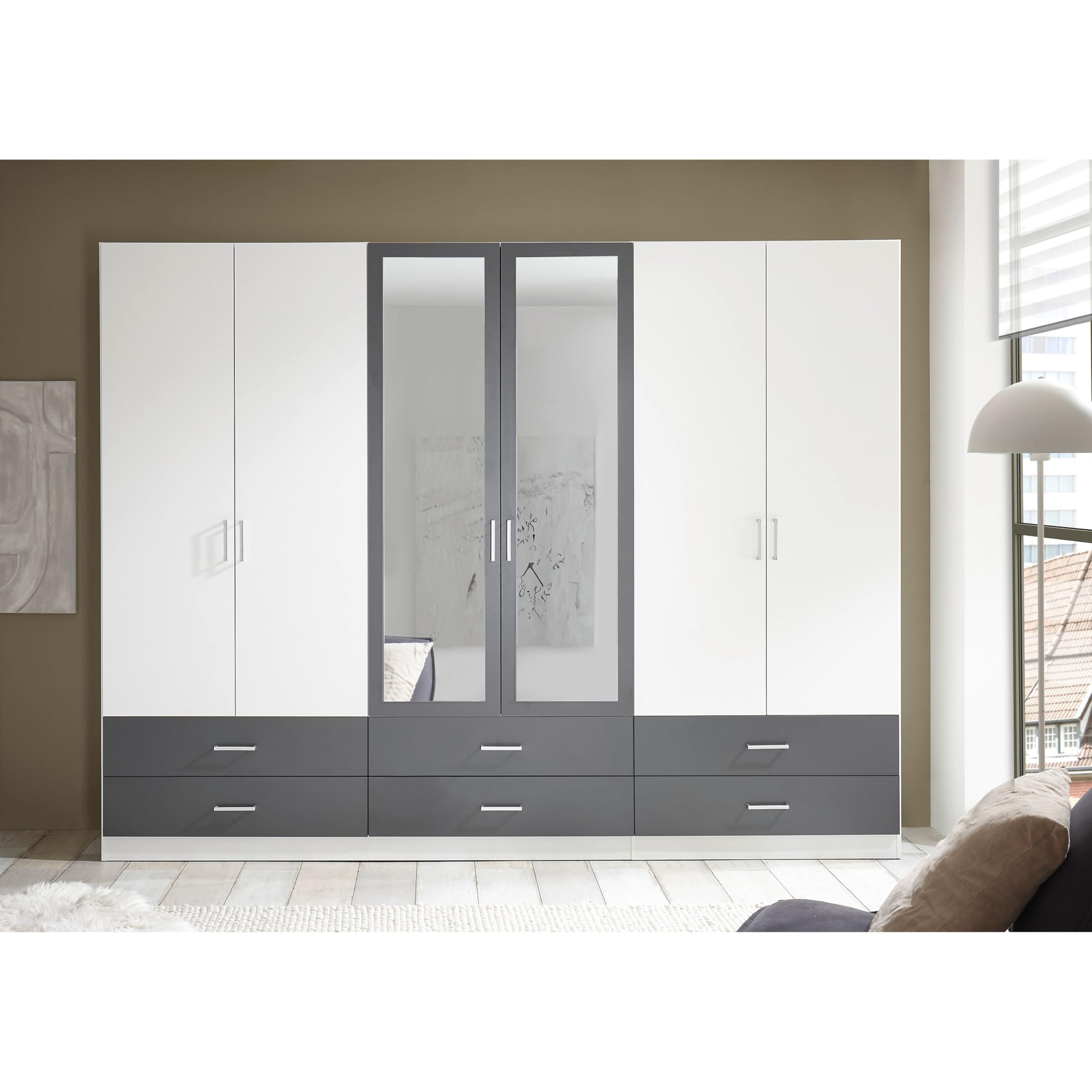 JANNE Kleiderschrank Drehtürenschrank Spiegel Weiß Graphit 272 x 211 x 55cm