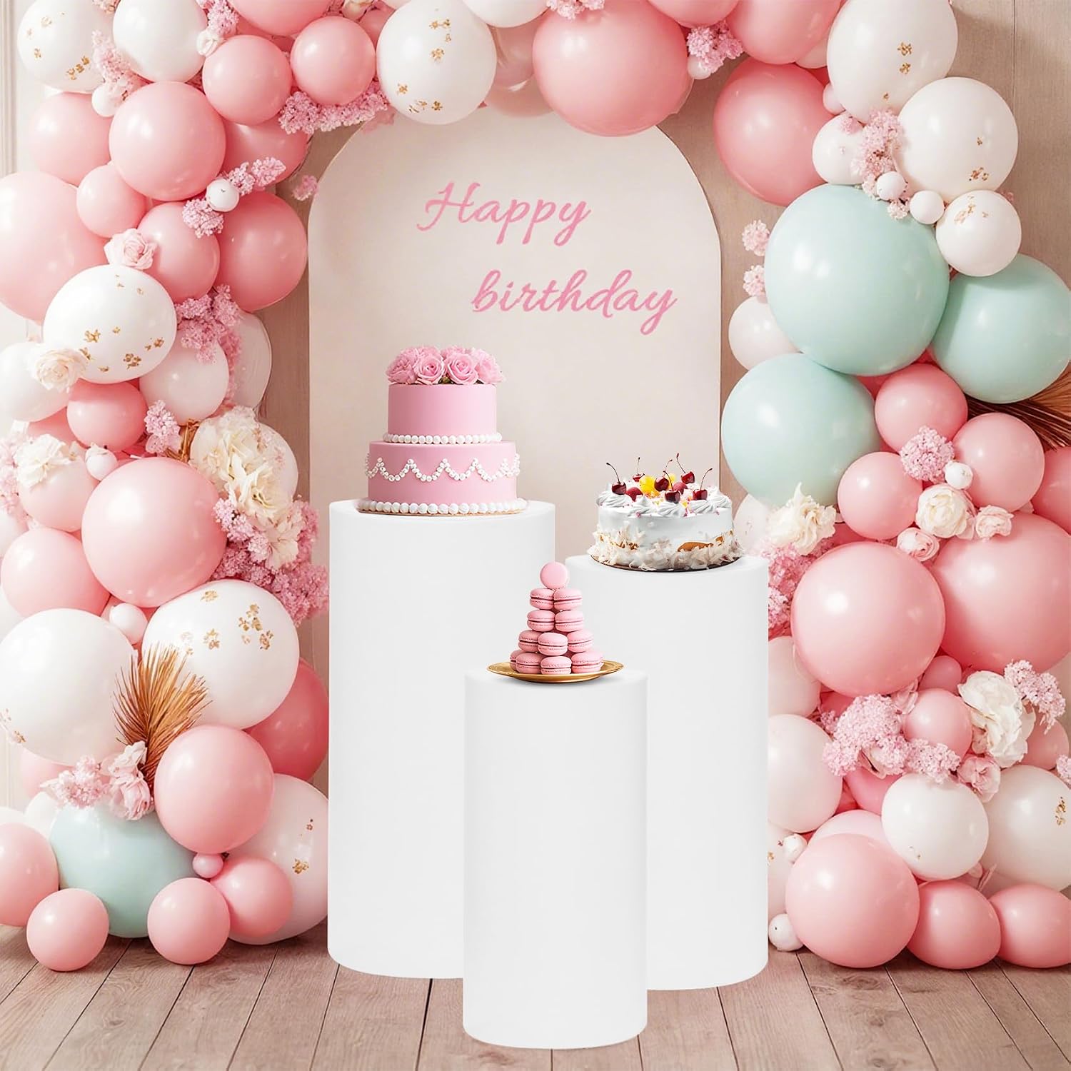 magalo Cylinder Pedestal Stand Covers Set of 3 Spandex Display Pedestal Covers Round Plinth Pillar Cover for Birthday Party Wedding Baby Shower Decor(White,Only Covers)