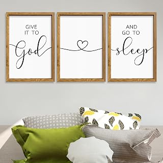 comurdyo Give It to God and Go to Sleep Set of 3 Sign Wall Decor 16"x11" Above Bed Large Master Bedroom Guest Room Bed Over Wall Hanging Art (Wood)