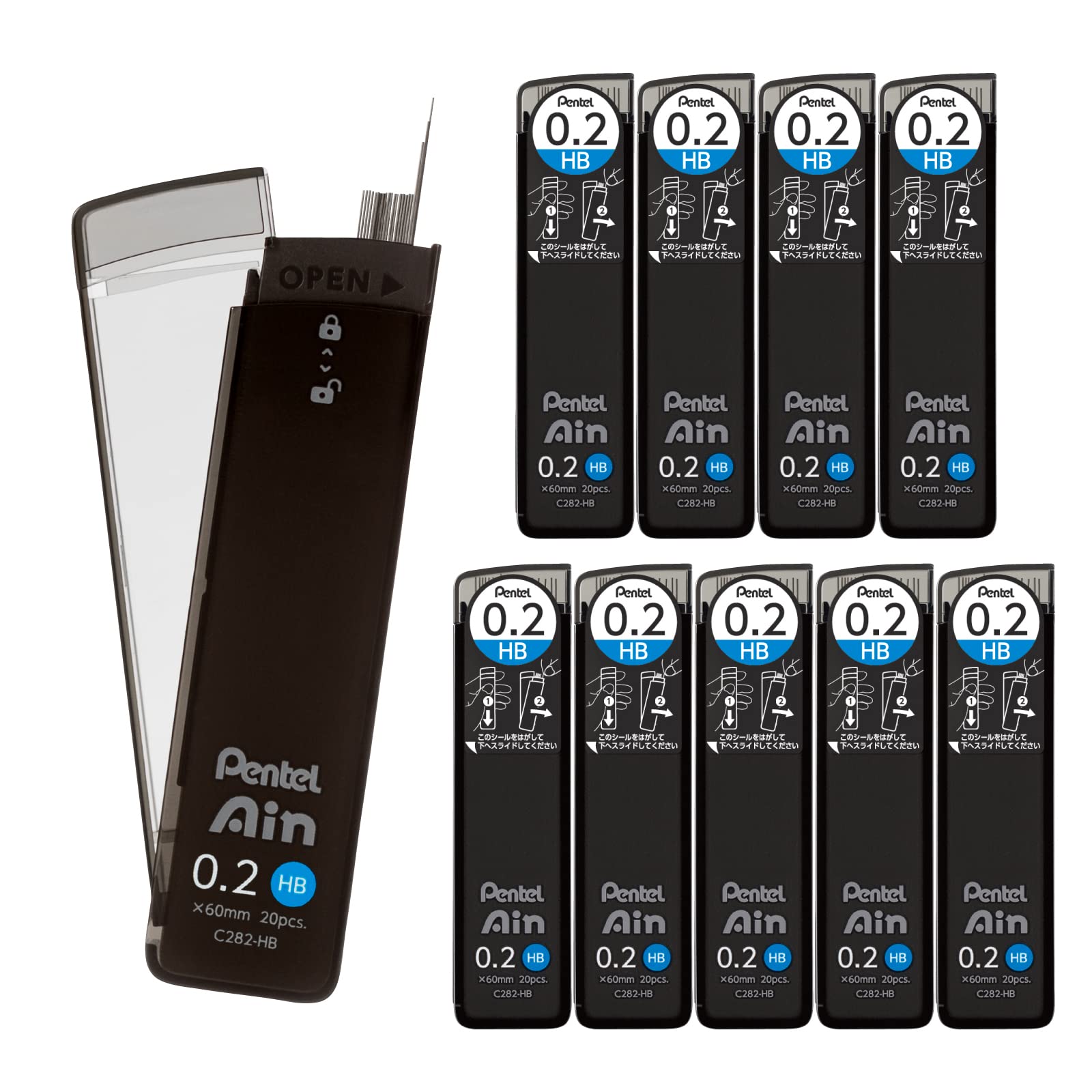 Pentel Ain Lead Refill • 0,2 mm • HB • Caja de 10