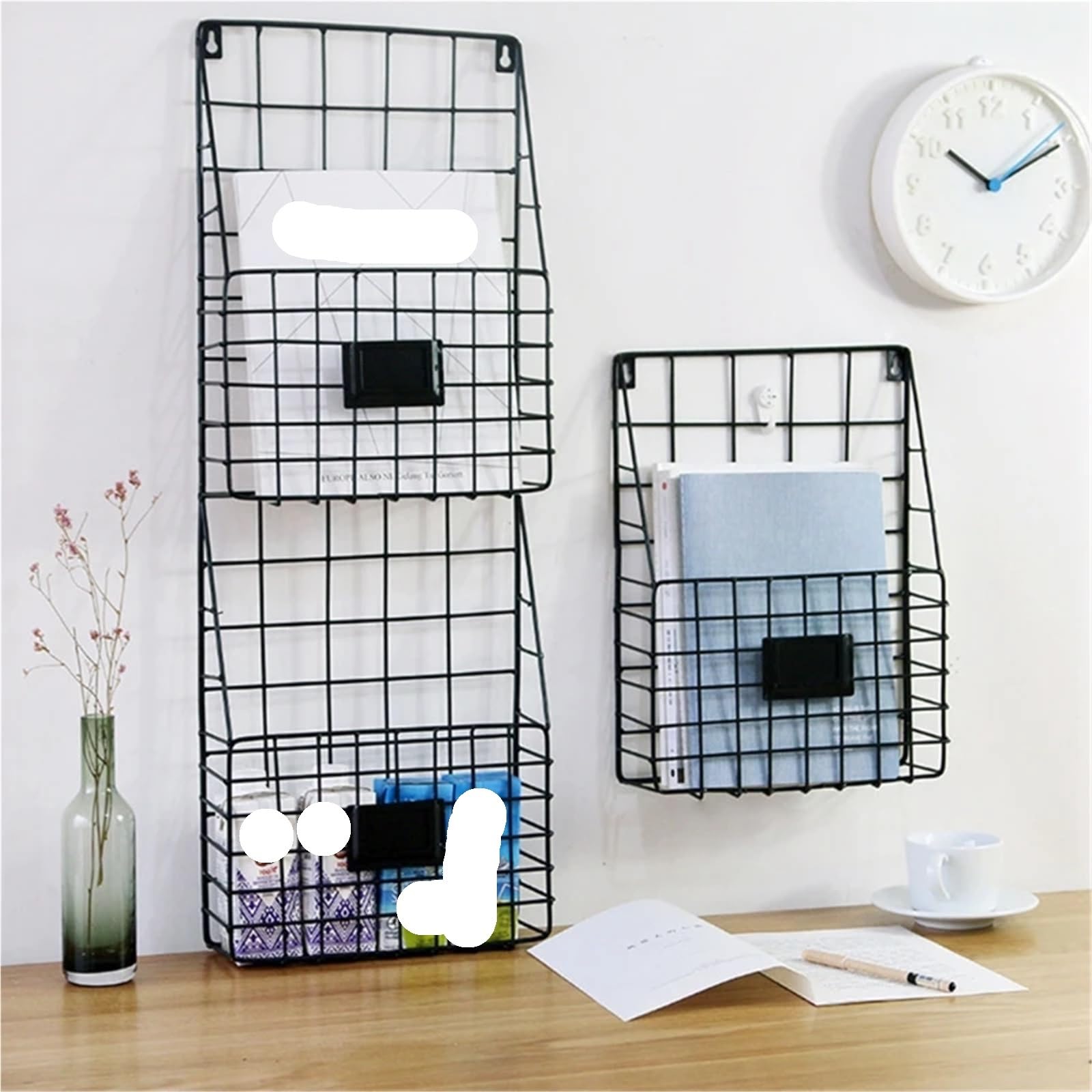 Organizzatore di posta Cestello in filo metallico Portariviste montato a parete Ripiano portadocumenti sospeso Per Casa(Black)