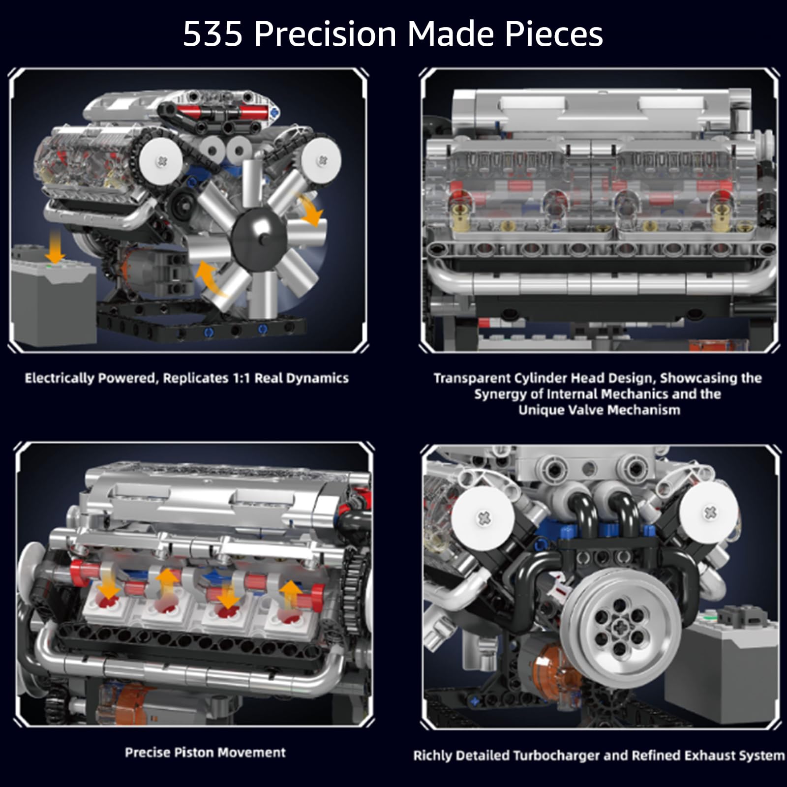 V8 Engine Model Kit 535 PCS Build Your Own Mini Working Engine, Educational 8-Cylinder Petrol Car Engine Replica, Creative Gift Building Kit for Teens Adults Boys Girls 14 Plus - Image 4
