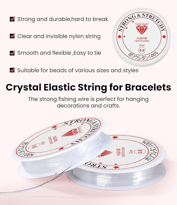 Bracelet String Kit 0.6mm-15m+0.8mm-6.5m Strong & Stretchy Elastic String Clear Nylon Thread Invisible Applicable to DIY Craft Projects Beading & Jewellery Making (2 Spool)
