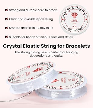 Bracelet String Kit 0.6mm-15m+0.8mm-6.5m Strong & Stretchy Elastic String Clear Nylon Thread Invisible Applicable to DIY Craft Projects Beading & Jewellery Making (2 Spool)
