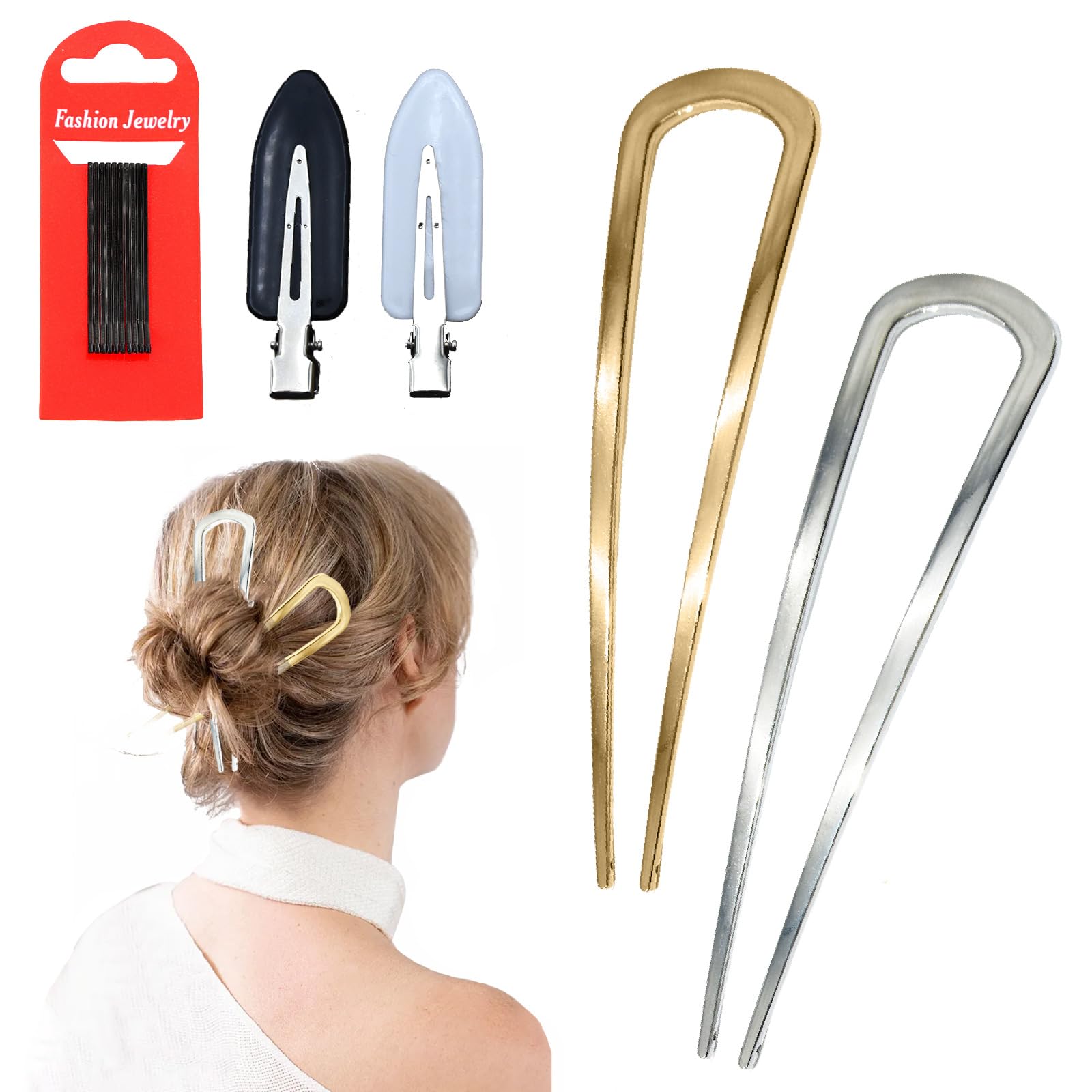2 PCS Metal French Hair Pins, 14CM U Shaped Hair Pins, French Twist Hair Pin with 2 No Bend Hair Clips and 10 Bobby Pins