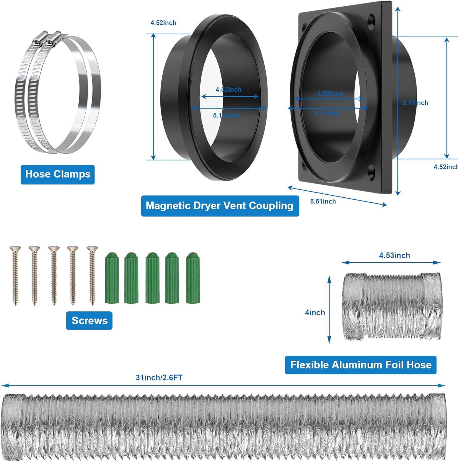 Magnetic Dryer Vent Coupling Kit, Airtight Seal Strong Magnetic Dryer Vent Connector, Quick Connect & Disconnect Flexible Exhaust Duct Adapter with Clamps & Screws for Easy Cleaning