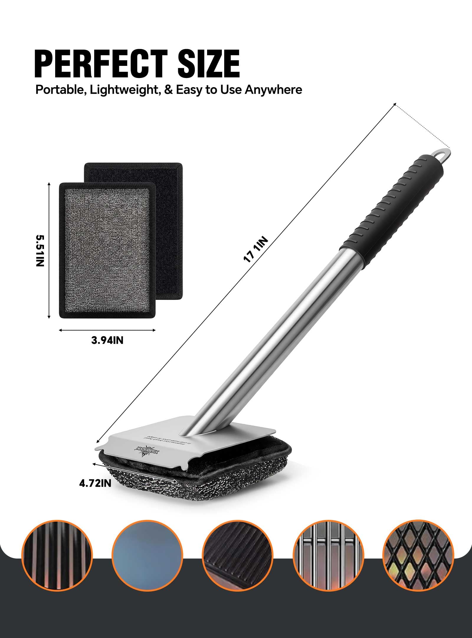 Bristle-Free Steam Grill Brush with 5 Replacement Pads - No Bristle Shedding.Unique Steel Fibers Pads Efficiently Deep Clean All Kinds of Grills A Safe Outdoor Grill Cleaner Gift for Men/Dad
