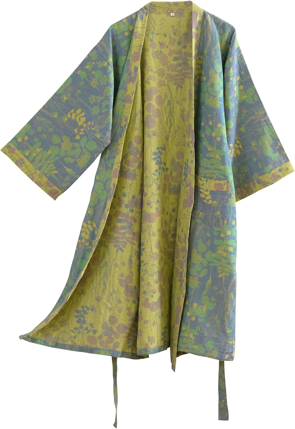 Purefair 100% Cotton Gauze Ginkgo Leaf Kimono Robe, Long Knit Loose Bathrobe Nightgown Ladies Loungewear Sleepwear for Women