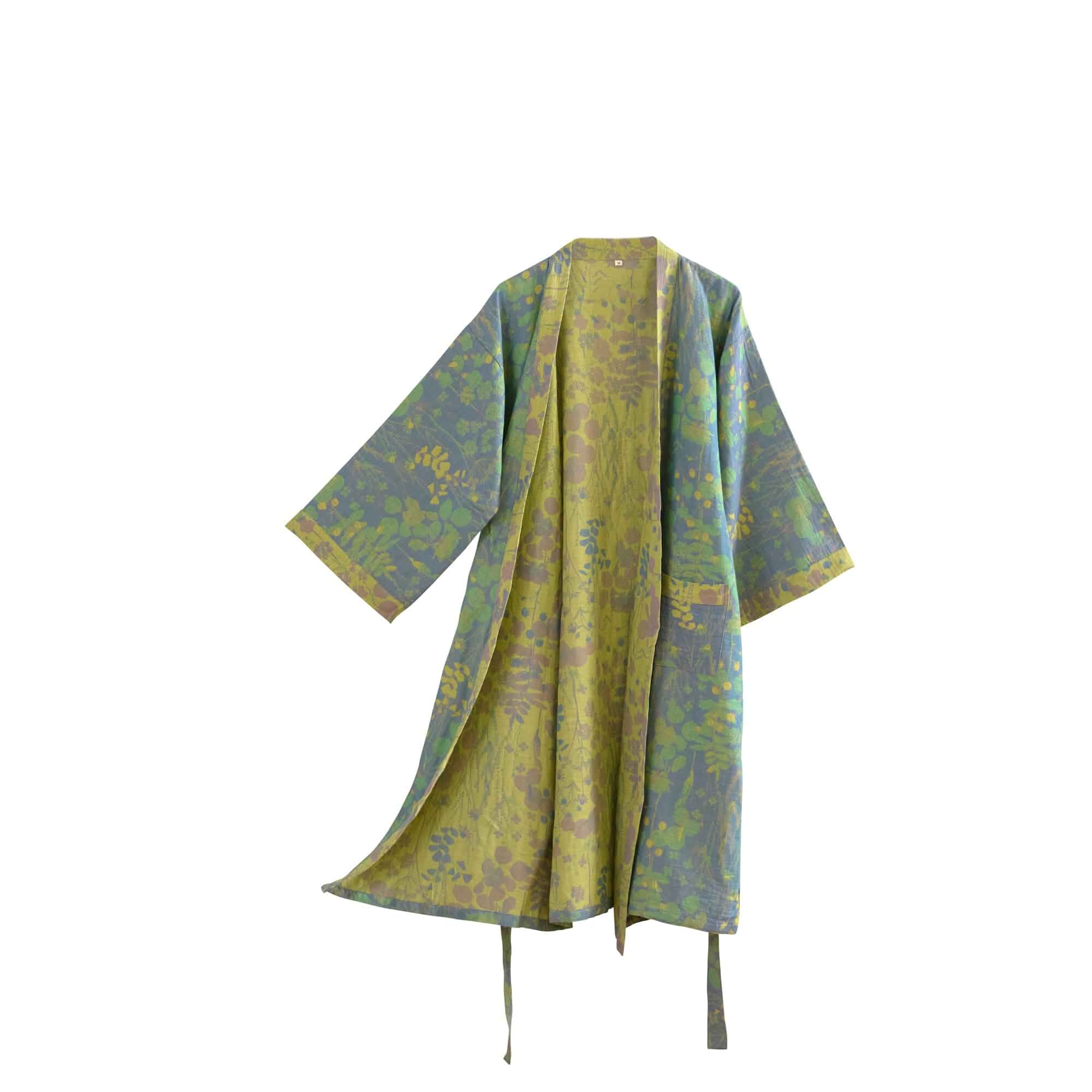Purefair 100% Cotton Gauze Ginkgo Leaf Kimono Robe, Long Knit Loose Bathrobe Nightgown Ladies Loungewear Sleepwear for Women