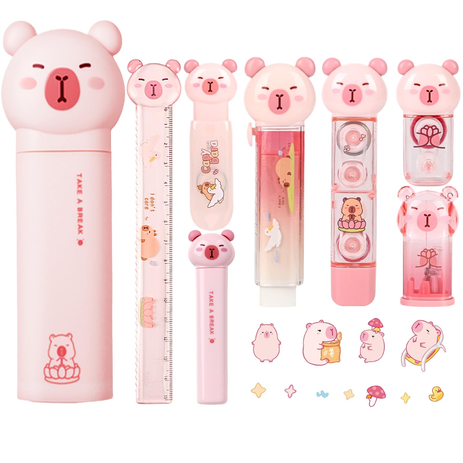 Cute Pink Capybara School Supplies,Capybara Stationary Gift Set,Kawaii Japanese Stationery Birthday GIFS, Includes Pencil Sharpener,Eraser,Correction