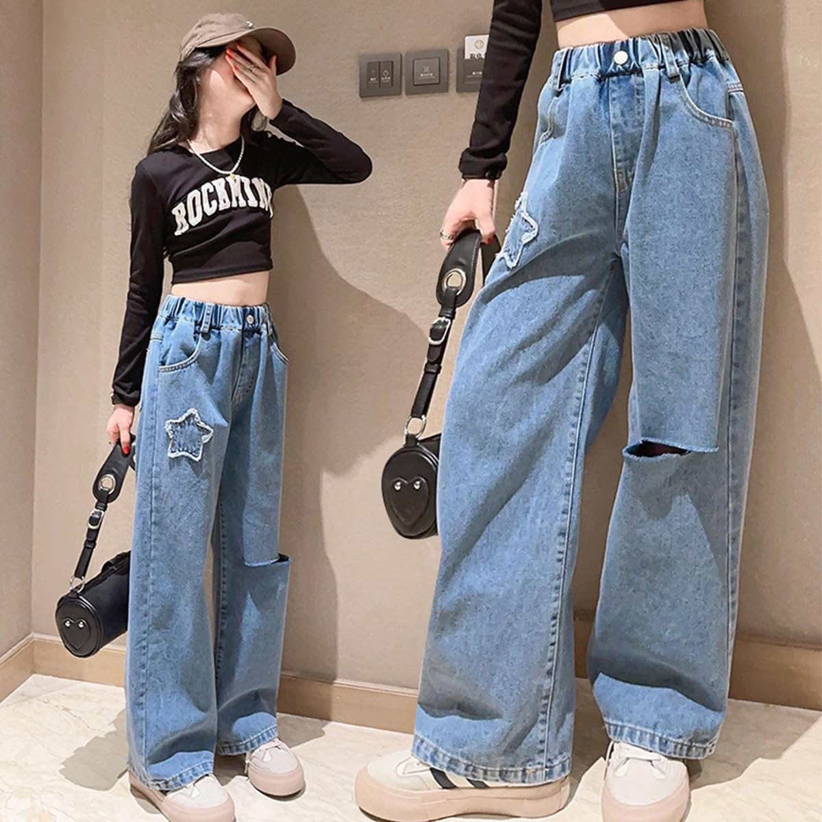 Girls Ripped Wide Leg Jeans Denim Elastic Baggy Kids Button Jeans Casual Pocket Pants Age 5-14