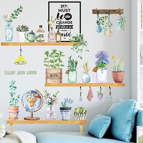 Miniatura 5 de Calcomanía de pared de jardín con hojas verdes en maceta, acuarela, removible, bricolaje, hogar, decoración de arte mural para sala de estar,