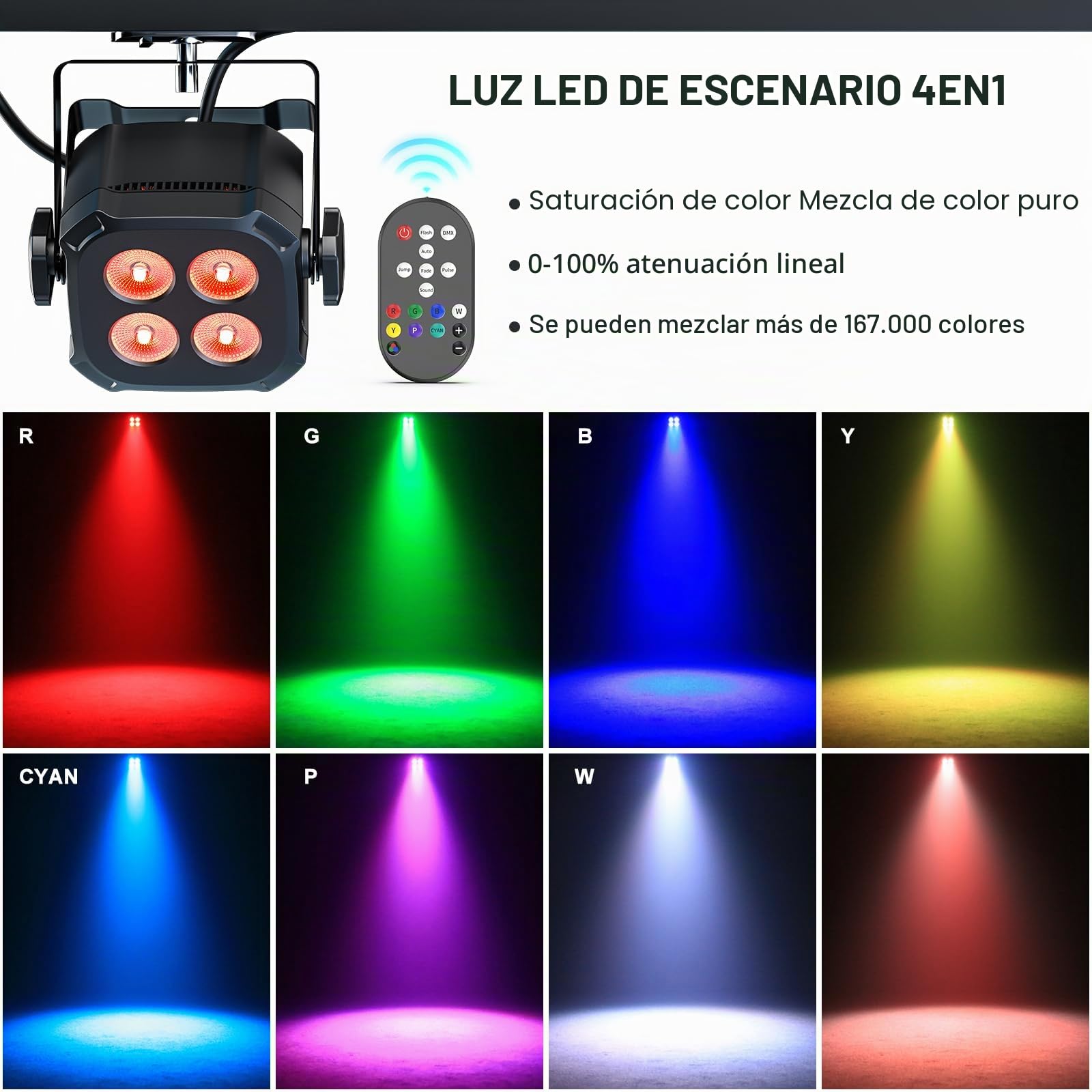 4 x 8W RGBW 4 en 1 LED Par Mini luces de escenario con DMX512, control por sonido, foco Par de 4/8 canales para hogar, fiestas, espectáculos y eventos (4 piezas)
