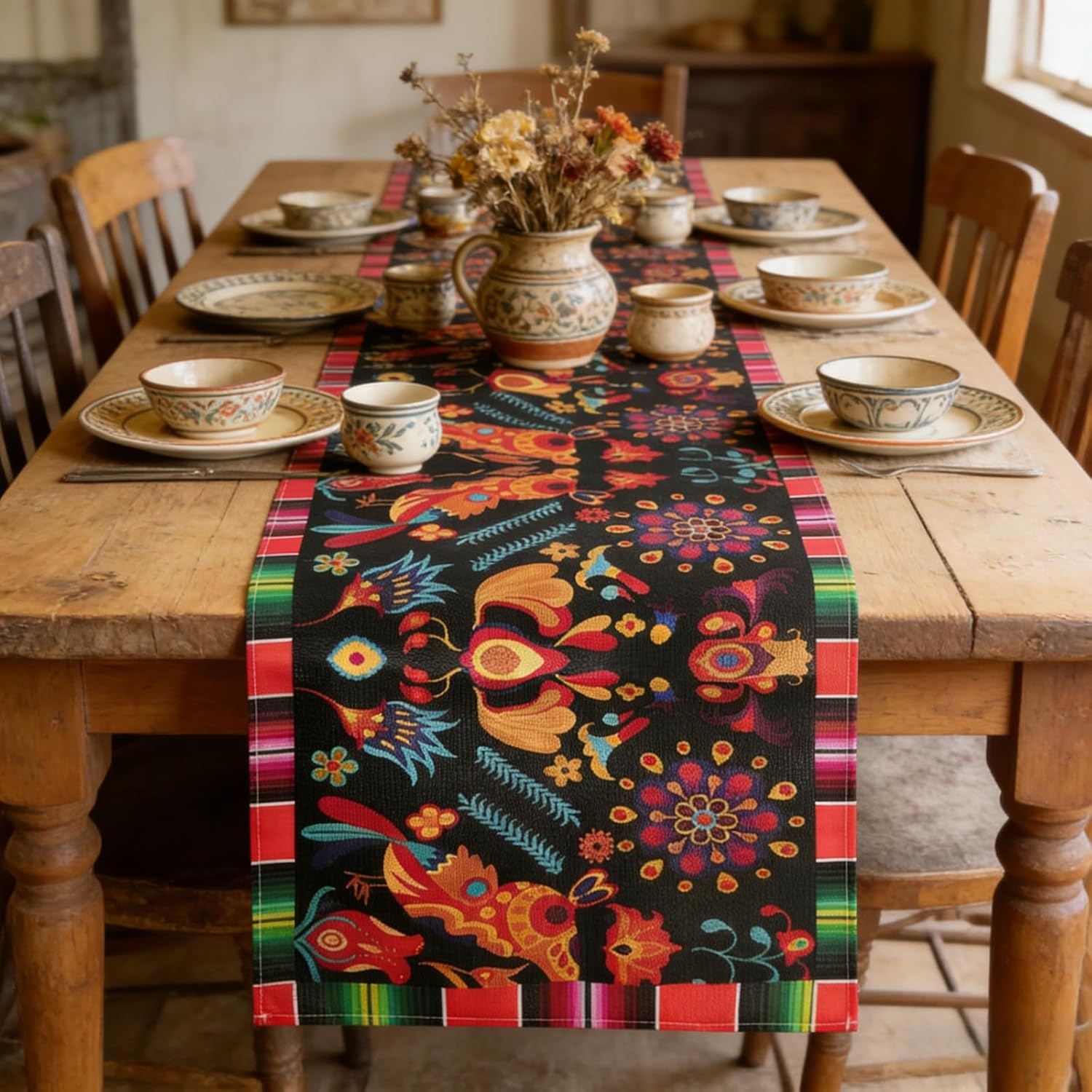 15 Pcs Mexican Fiesta Table Runner Mexican Theme Party Decoration 72×13inch Long Cinco de Mayo Day of The Dead Dia De Los Muertos Runners Farmhouse Rustic Runner for Kitchen Dining Home Party