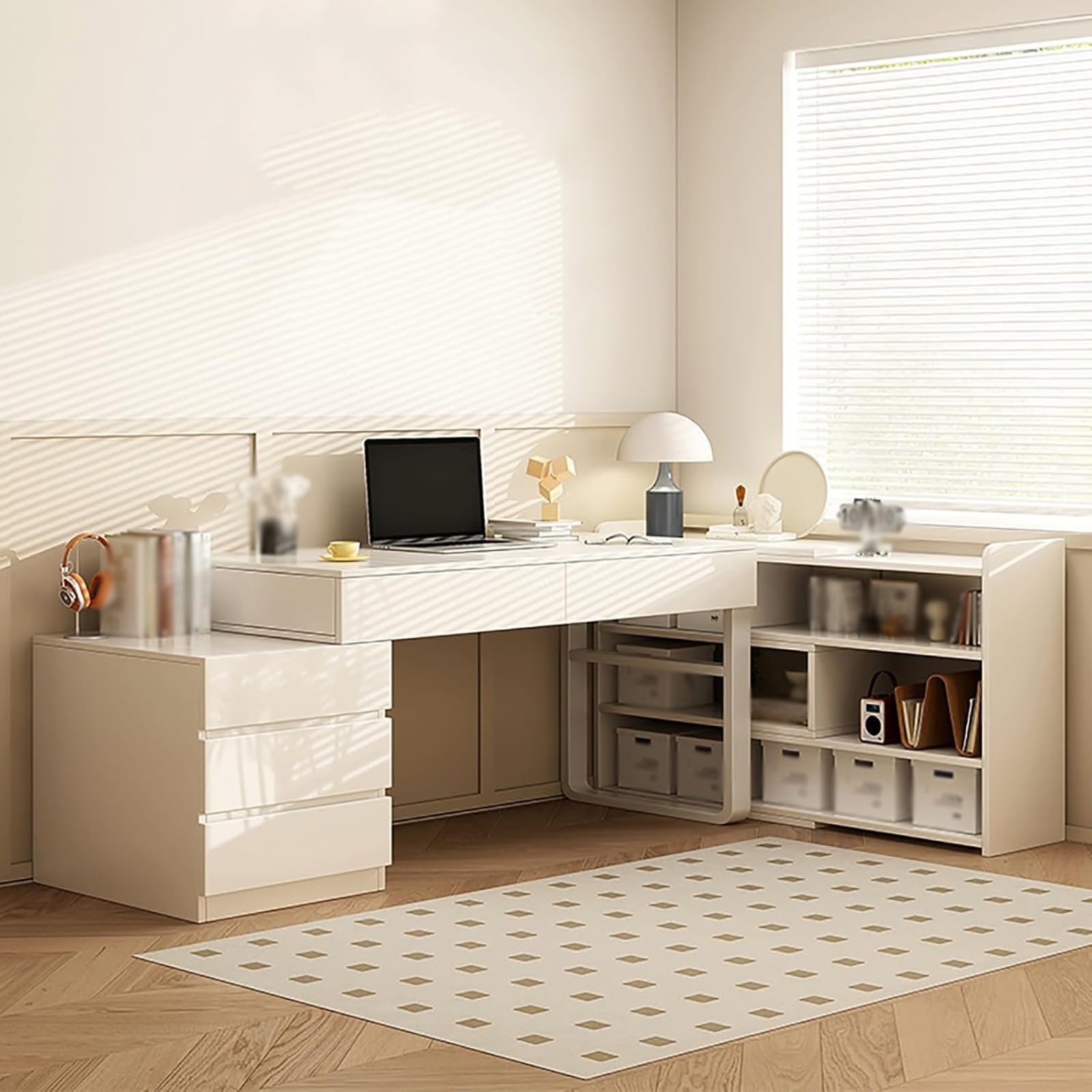 SXZenSpace Modern Office Computer Desk, Expandable Vanity with Drawers and Storage cabinets, Writing Desk Workstation, Study Metal Legs, Suitable for Study, Bedroom, Living Room A,80CM