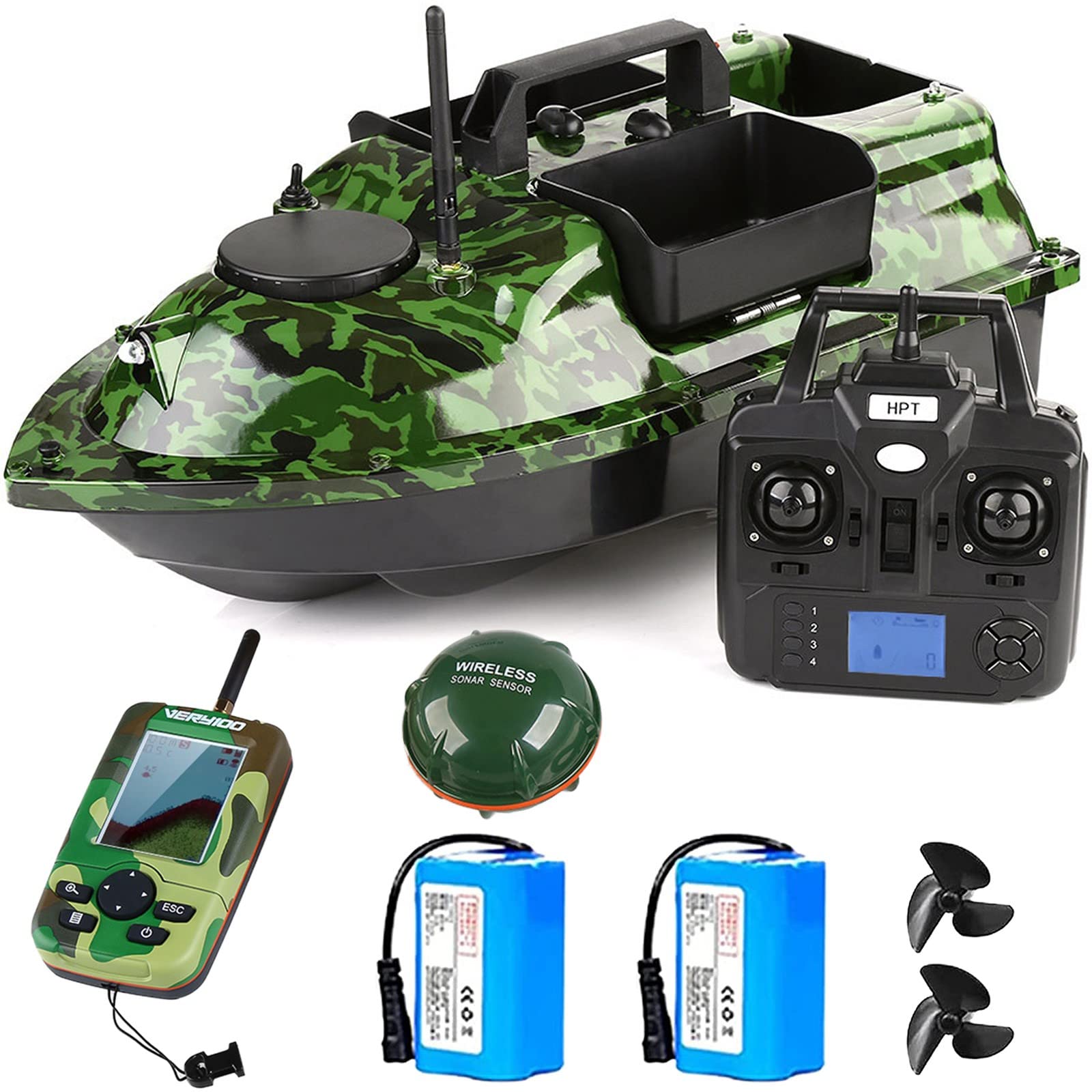 500m Barco cebador Pesca teledirigidos, Barco de Cebo de Pesca Inteligente con GPS y localizador de Peces, Batería 5200/12000mAh Opcional, Completamente Cerrado e Impermeable