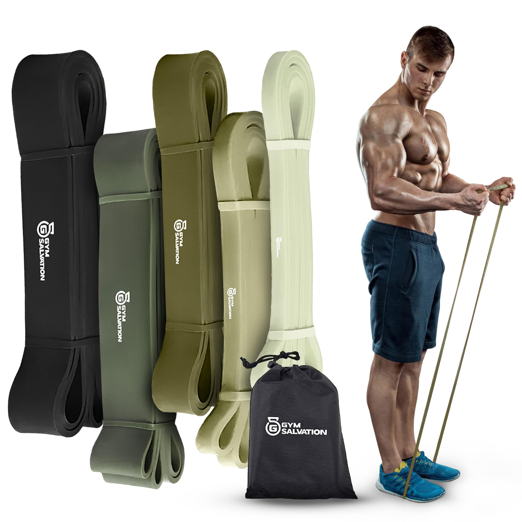 Gym Salvation Resistance Bands Set, 5 Pull Up Assist & Strength Training Bands, Durable Powerlifting & Workout Loops with Carry Bag - Black and