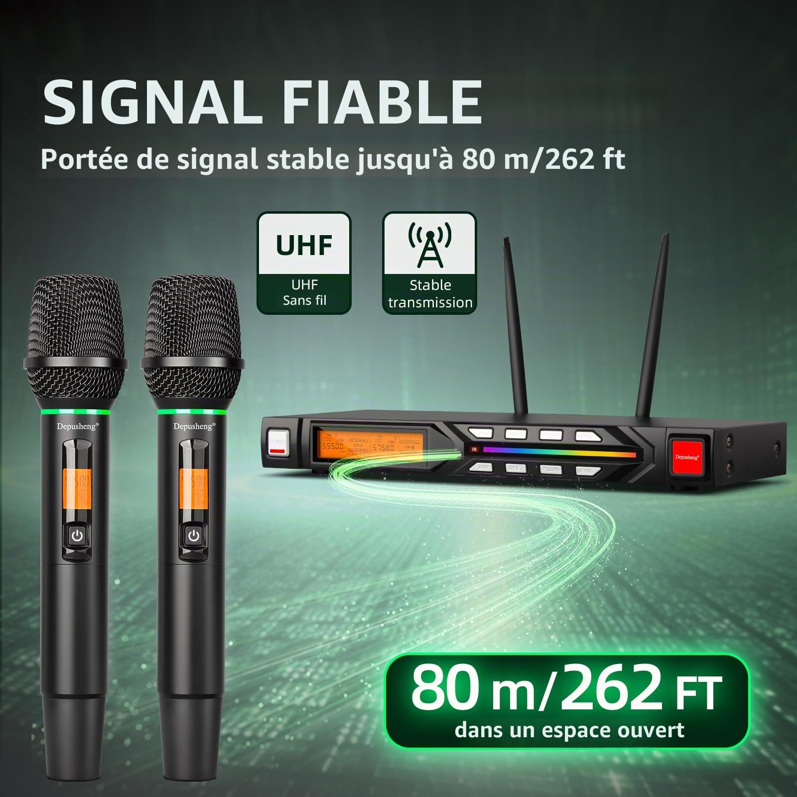 Depusheng R7 Ensemble de Microphone sans Fil équipé de Deux Microphones à Main dynamiques et d'un récepteur, avec Une portée de réception de 80 mètres, adapté aux scènes de Concerts de karaoké
