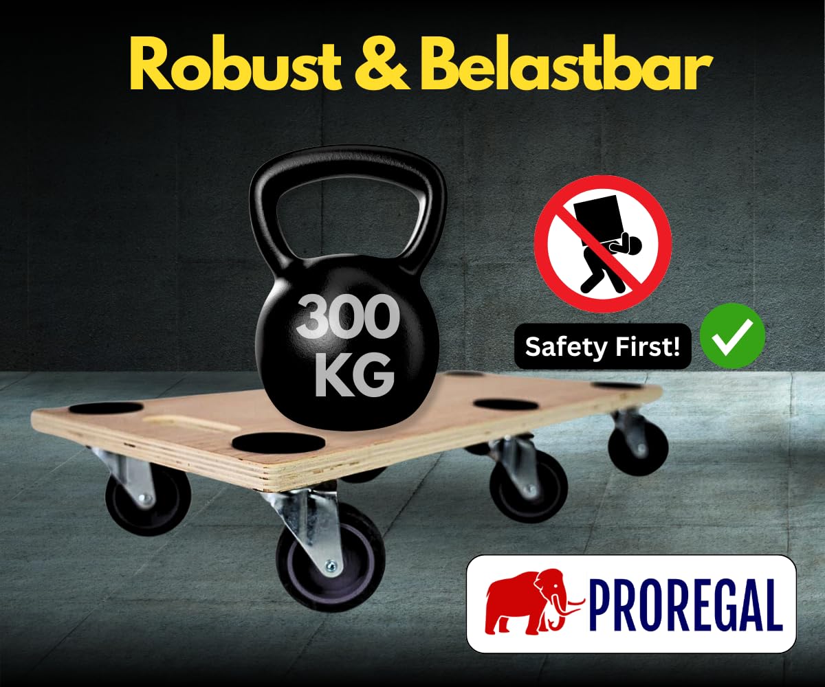 PROREGAL Profi Transportroller Hercules 30x68 cm Schwerlast bis 300 kg mit 6 Gummirollen & Griff, Sperrholzplatte, Rollbrett für Möbel Möbelroller Transporthilfe für Umzug Pflanzen Werkstatt