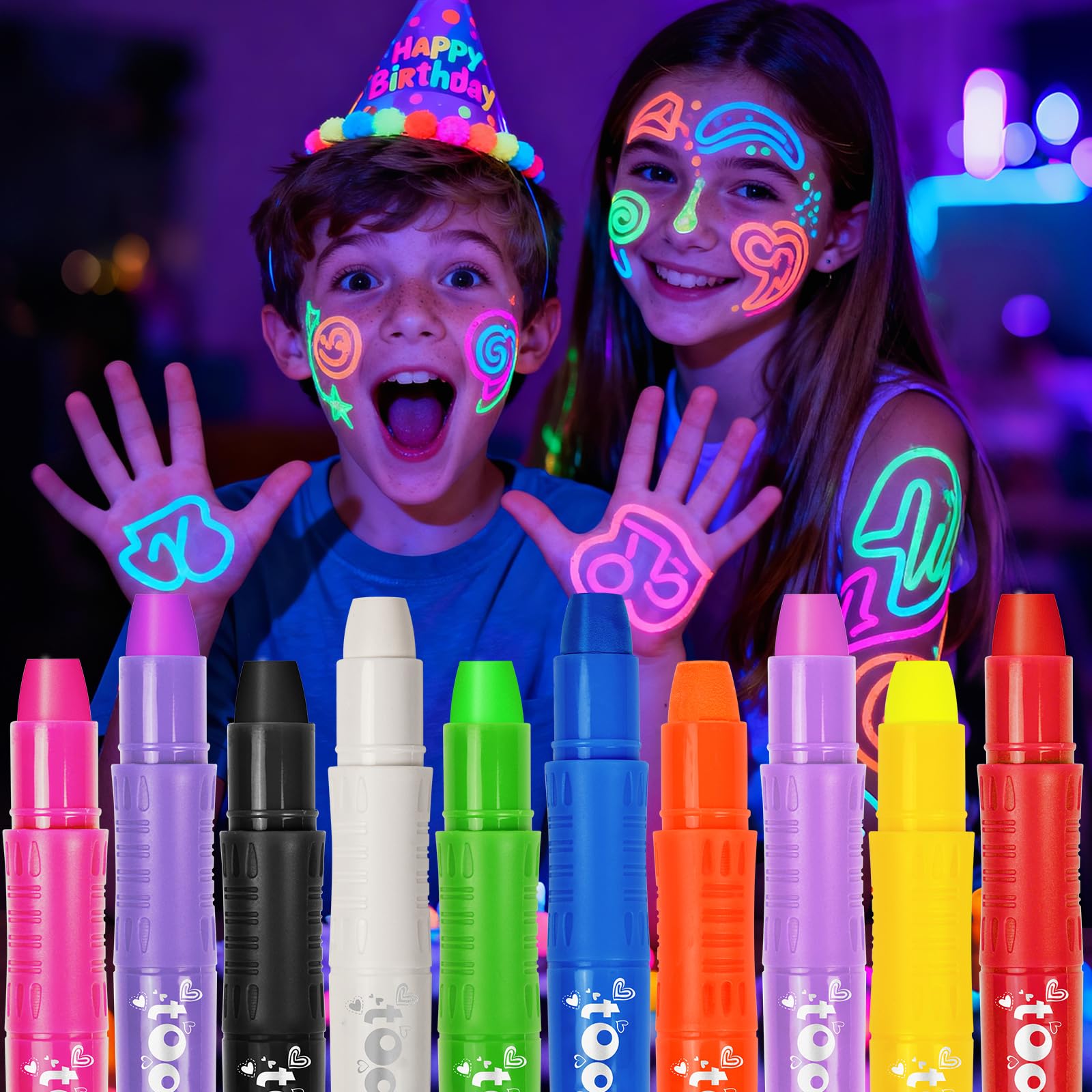 10 Neon Face Paint Sticks Glow in the Dark, Black Light Body Paint for Kids