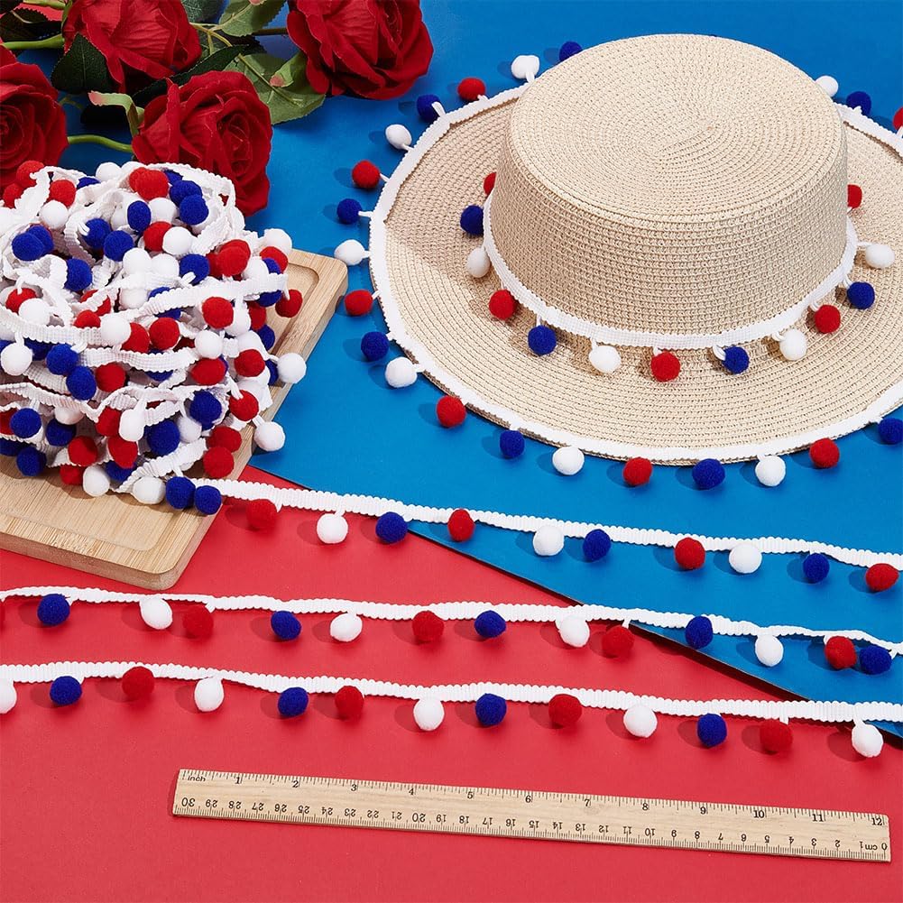PH PandaHall 10 Yards July 4th Ball Fringe Trim 1.1" Patriotic Pom Pom Ribbon Sewing Lace for Clothing Dress Sewing Accessories Colorful Independence Day Craft Decoration(Red, White, Blue)