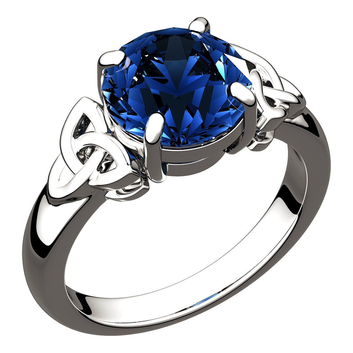 Anillo Celta Plata de Ley Piedra Grande de Color Zafiro Azul Adornado con Nudos de Trinidad en Caja de Regalo para Mujeres