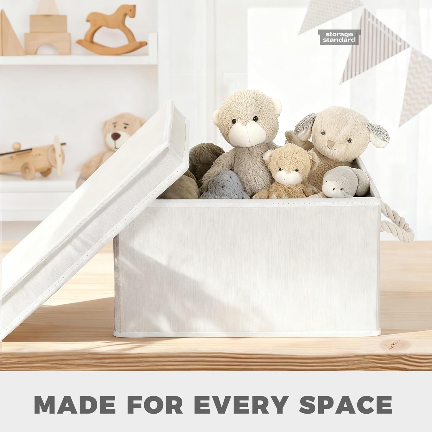 Set of 3 Fabric Bins for Organization - Foldable & Stackable With Lid & Rope Handles - Collapsible Fabric Storage Cubes Lightweight & Sturdy Bottom, Space Saving Collapsible Bin, Ivory