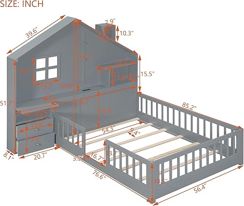 Miniatura 82 de Cama de madera de tamaño individual con cabecero en forma de casa con vallas, altura baja al suelo, para dormitorio de niños y niñas (blanco-01)