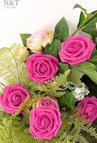 Miniatura 4 de N&T NIETING - 50 rosas artificiales con tallo, para manualidades, bodas, ramos, centros de mesa, despedida de soltera, baby shower, fiestas,