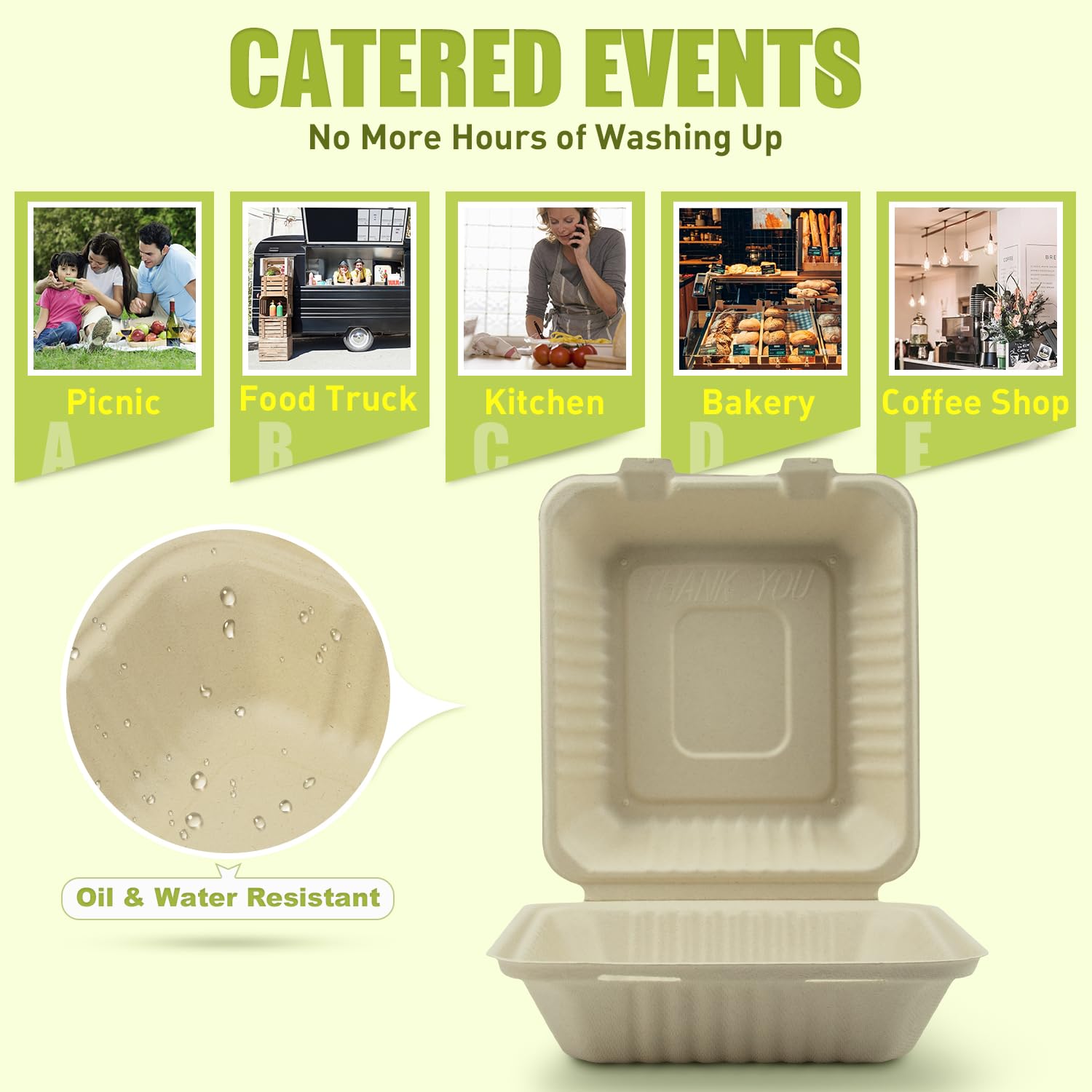 Green Earth, Cajas de comida para llevar de 8 pulgadas, 50 unidades, 1 compartimento, cubierta compostable, utensilios BAM (fibra de bambú), recipientes biodegradables, tapa con bisagras, apto para