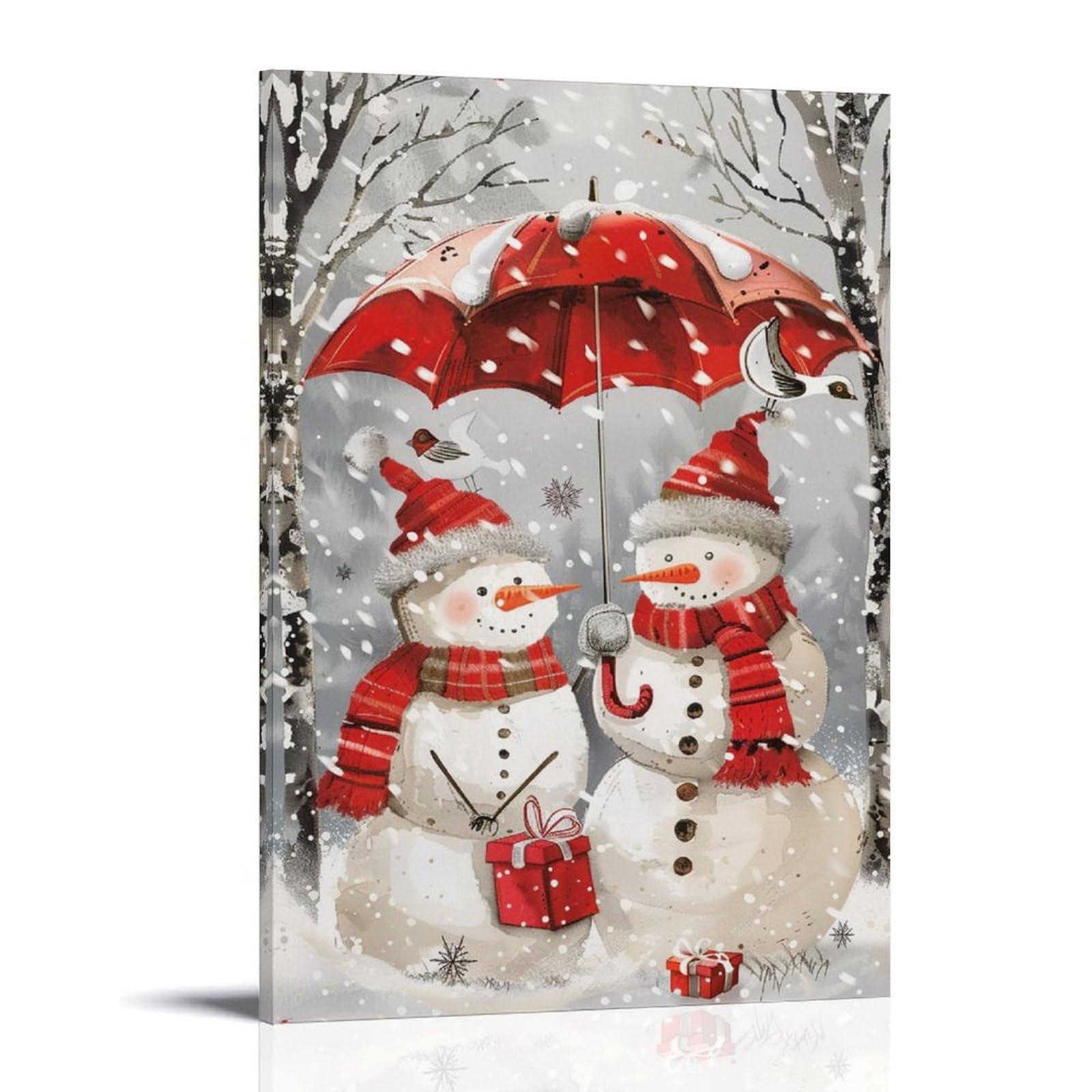 FYFMUSHE Vintage Snowman Canvas Wall Art Paintings Woods Snow Scene Nature Christmas Pictures on Canvas Prints Framed Ready to Hang Artwork for Bedroom Home Decor 12x18inch(30x45cm)